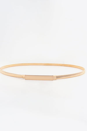 Slimline gold-tone metal waist belt with a rectangular buckle and adjustable elastic band.