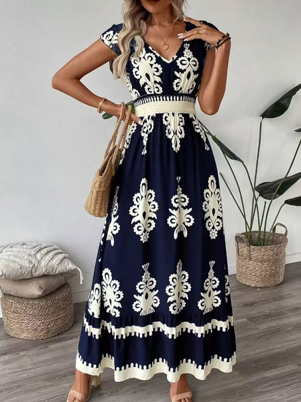 Ruffled Printed V-neck Maxi Dress in Dark Navy, back view