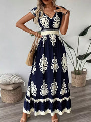 Ruffled Printed V-neck Maxi Dress in Dark Navy, back view