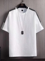 White textured t-shirt for men with black stripe detail on sleeves and neckline.