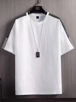 White textured t-shirt for men with black stripe detail on sleeves and neckline.