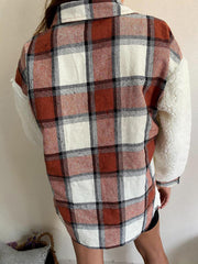 Plaid shacket with sherpa sleeves in brown and cream plaid.