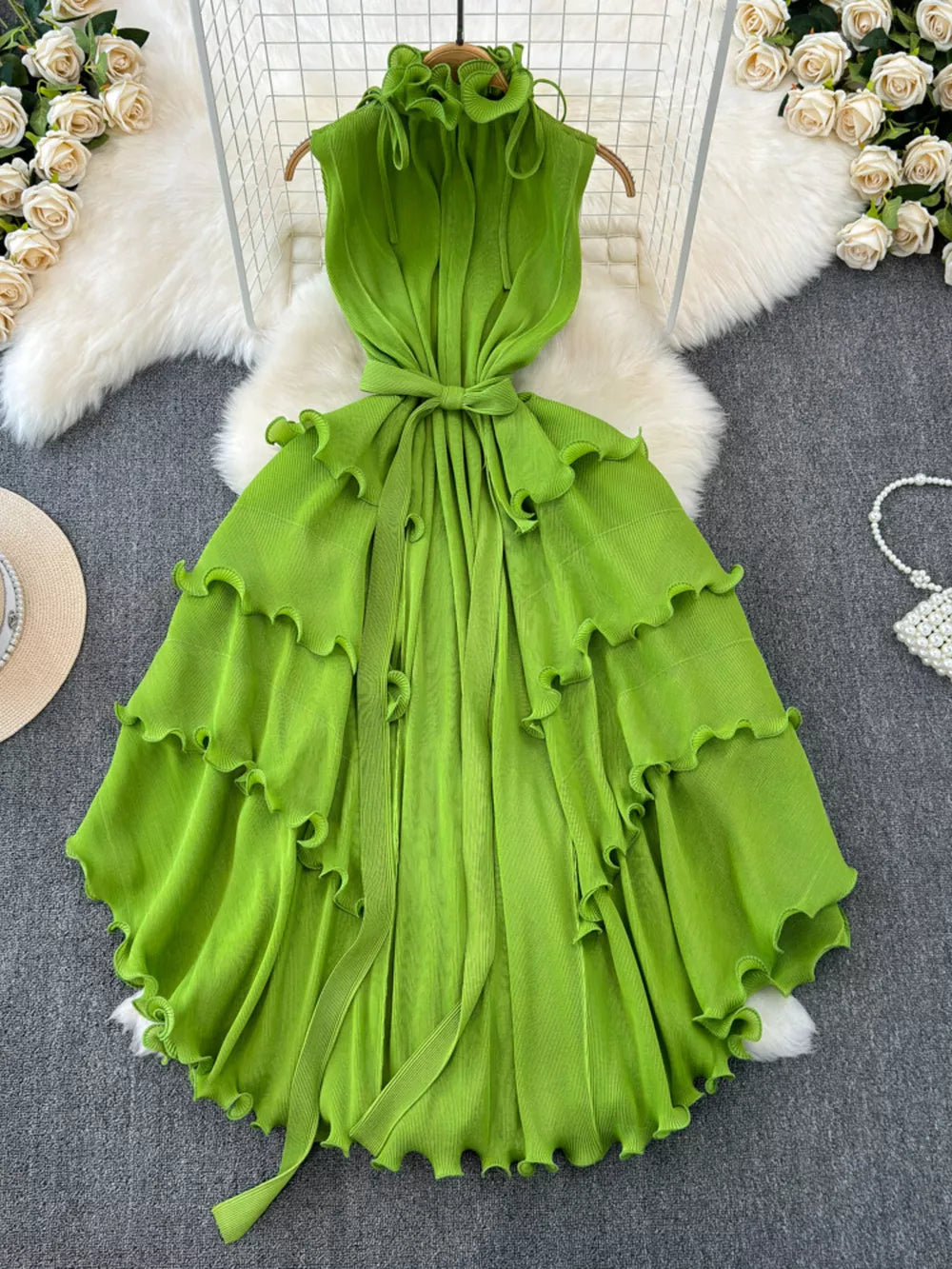 Lime green ruffled tiered midi dress with belted waist and tie neck