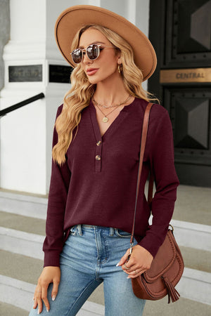 Burgundy waffle knit long sleeve top with button henley neckline
