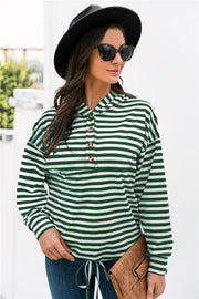 Forest green and white striped hoodie with button neck and drawstring waist