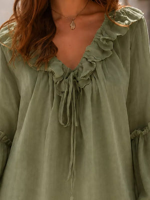 Ruffled Tie Front Flounce Sleeve Blouse in Blush Pink, view 11
