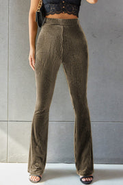 Ribbed velvet palazzo trousers in Khaki with a flared leg