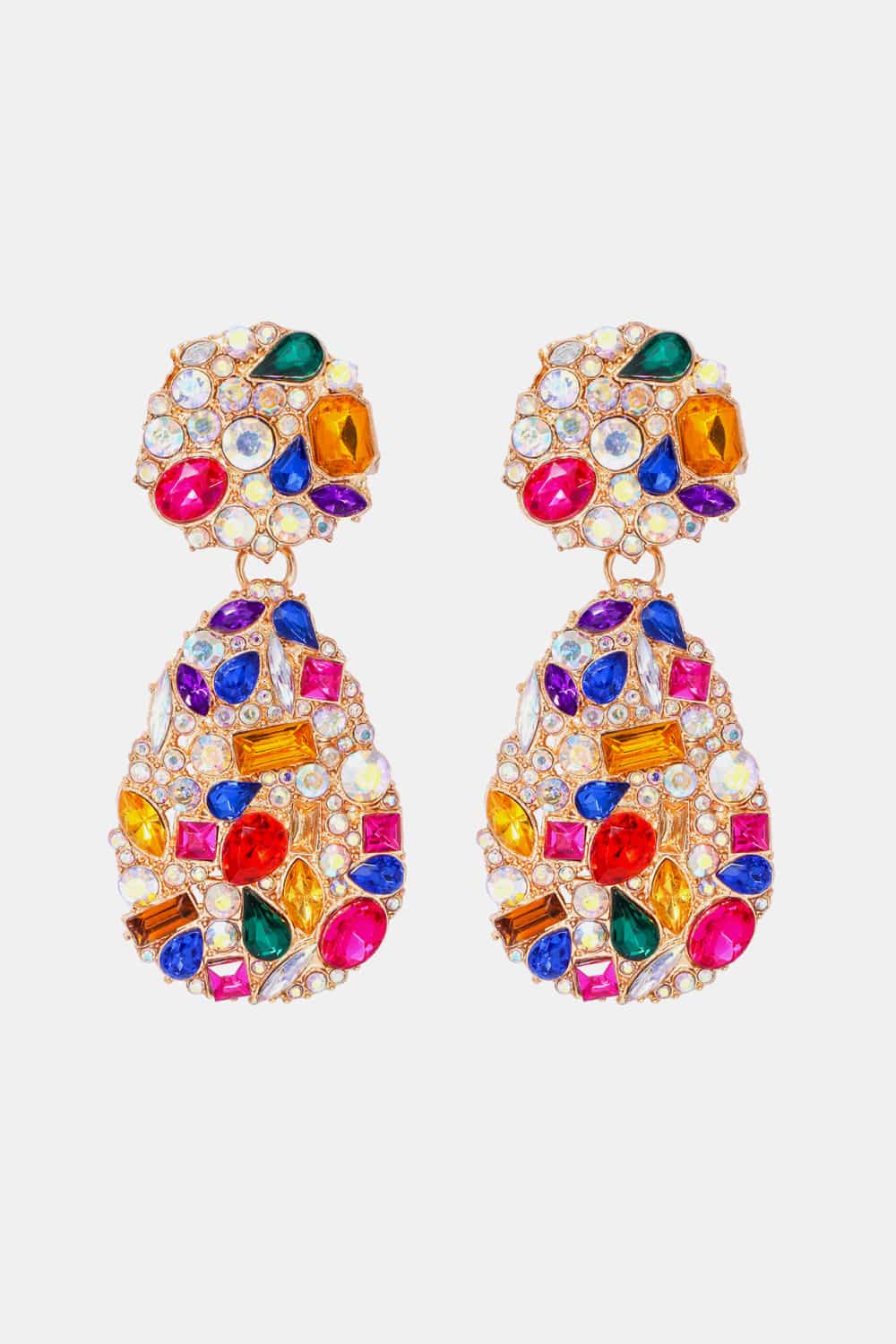 Gemstone cluster drop earrings with multicolor acrylic and alloy details.