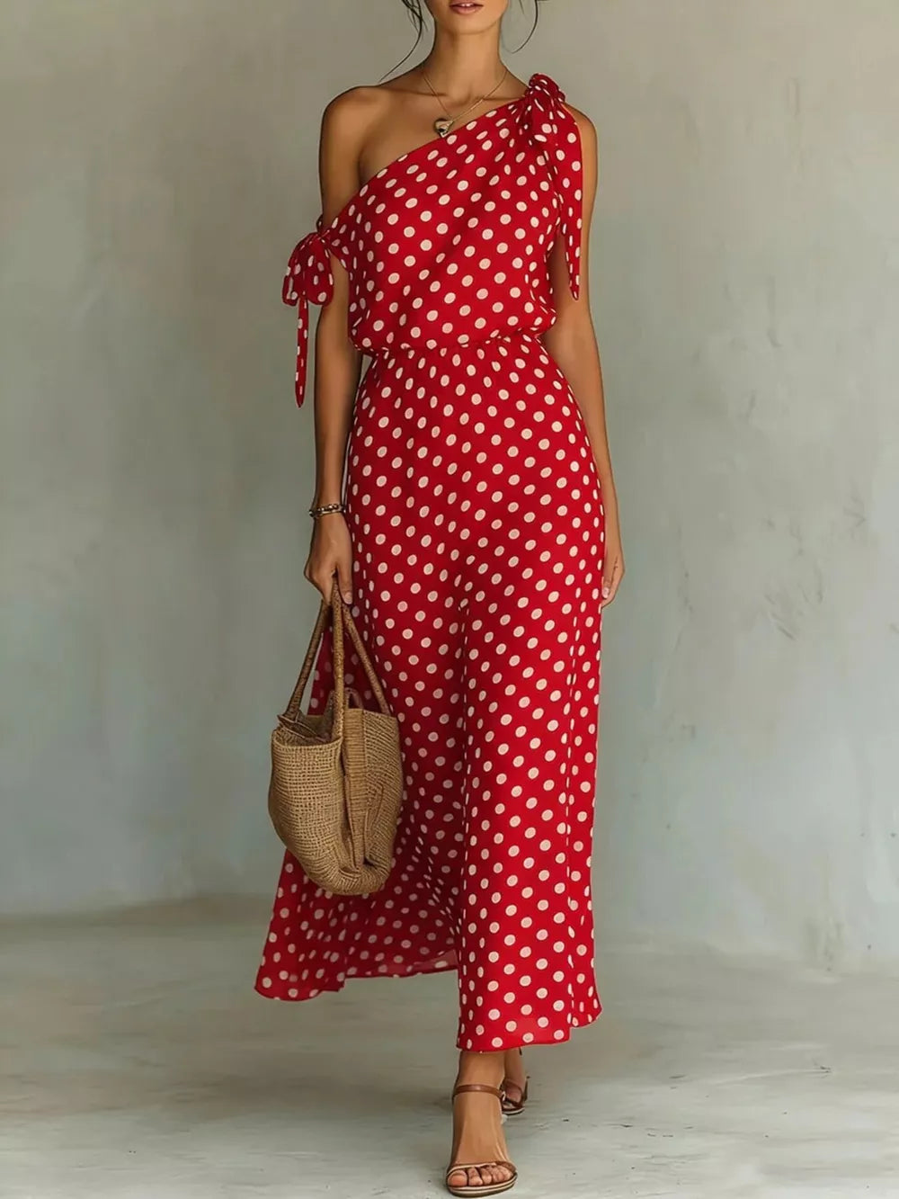 Red polka dot one-shoulder maxi dress with cinched waist and tie details.