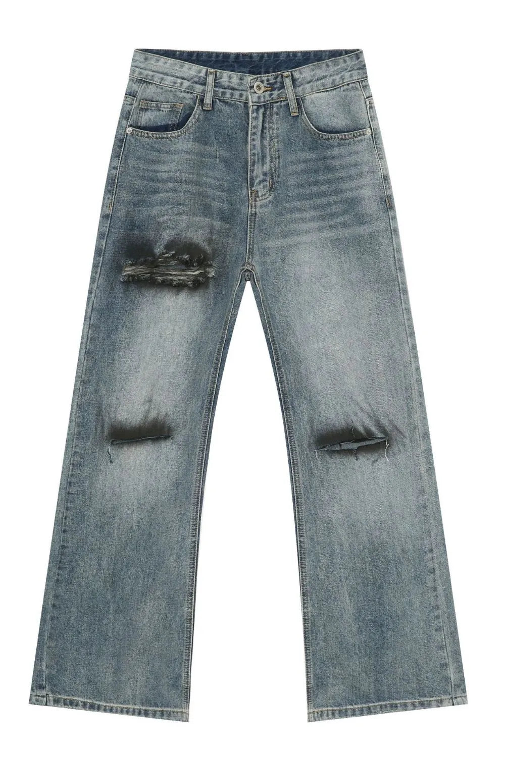 Distressed flare leg jeans in medium wash cotton denim with ripped details.