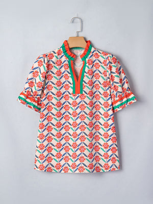Floral ruffled V-neck blouse with striped trim and short sleeves
