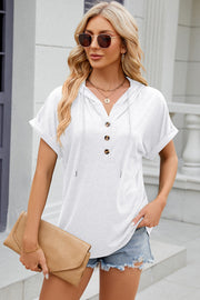 White Henley hooded tee with rolled sleeves and button detail