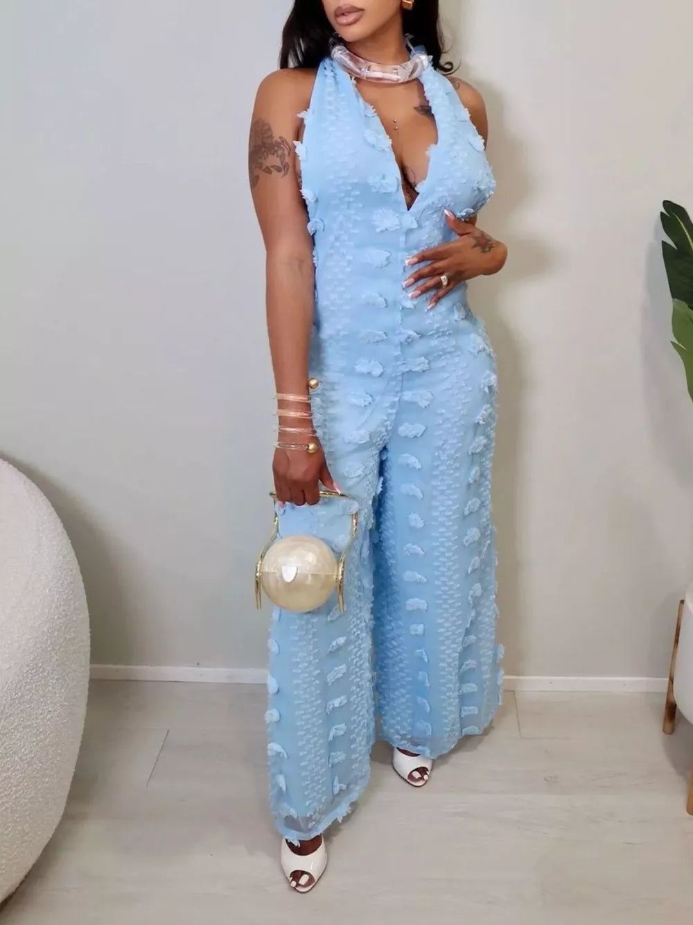 Textured Halter Wide-leg Jumpsuit in Blue, fabric detail