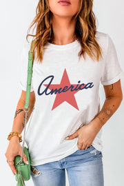 White t-shirt with red star and navy blue "America" graphic, casual crew neck tee.
