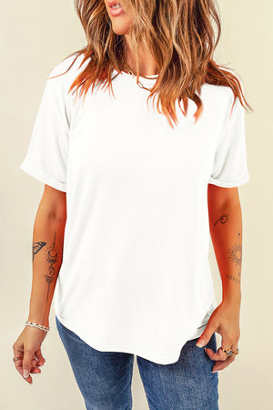 White raglan tee with rolled sleeves and a curved hem