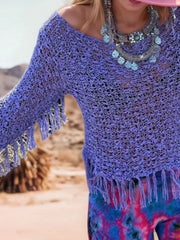 Open-knit boatneck sweater in electric purple with fringe detail on sleeves and hem.
