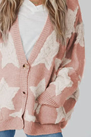 Dusty Pink starburst knit cardigan with cable texture and button front.