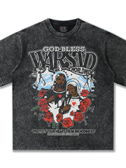Men's dark gray graphic t-shirt with religious art and roses.