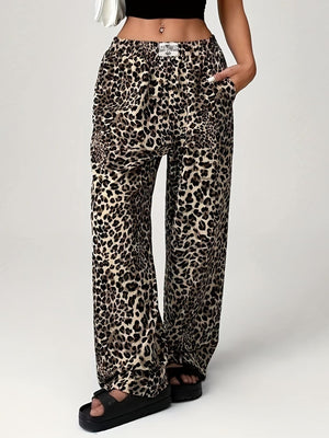 Leopard print palazzo lounge trousers with a comfortable elastic waistband and wide legs.