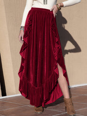 Burgundy velvet palazzo pants with ruffle slit detail