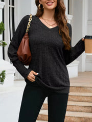 Textured gray V-neck knit long-sleeve sweater top with ribbed detail.