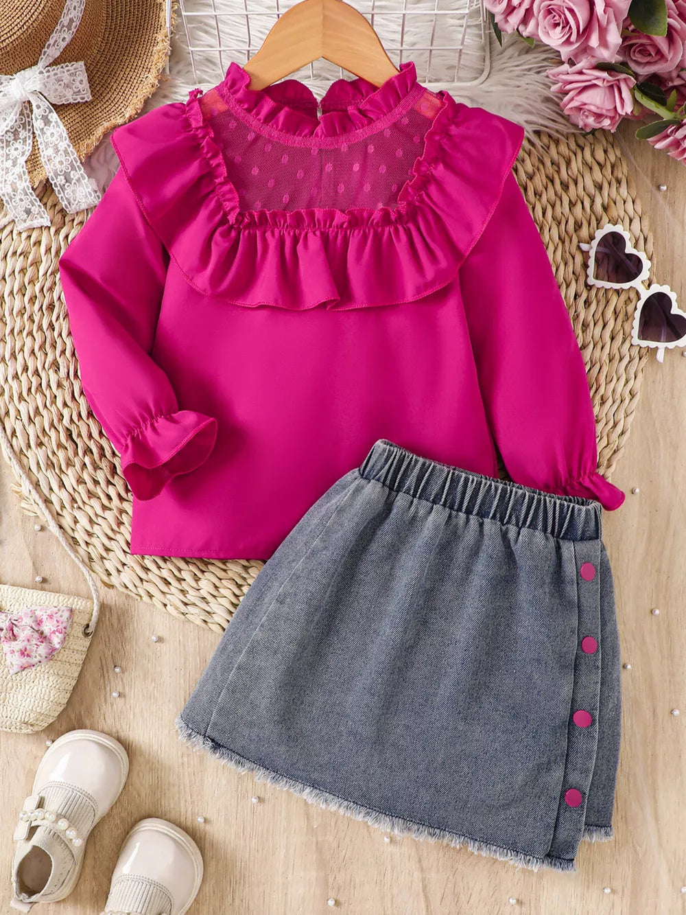 Children's Ruffled Mesh Top And Denim Skirt Set in Rose Red, front view