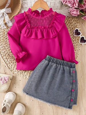 Children's Ruffled Mesh Top And Denim Skirt Set in Rose Red, front view