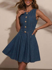 Denim A-line dress with decorative buttons, sleeveless, and a flared skirt.