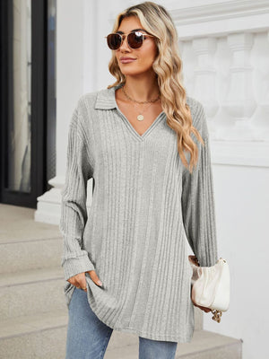 Light Gray ribbed knit collared long sleeve tunic top with slit hem.