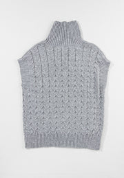 Gray cable knit turtleneck capelet sweater with ribbed trim