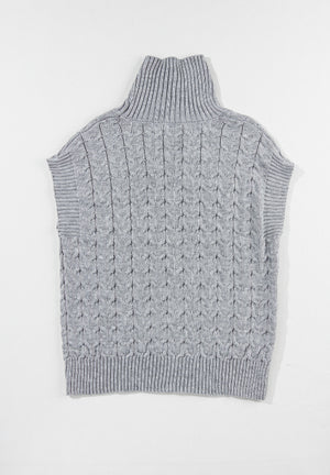 Gray cable knit turtleneck capelet sweater with ribbed trim