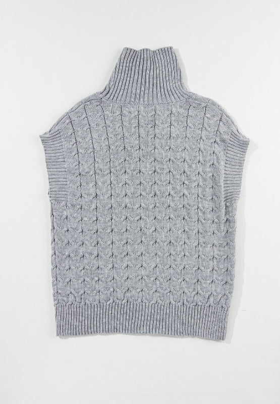 Gray cable knit turtleneck capelet sweater with ribbed trim