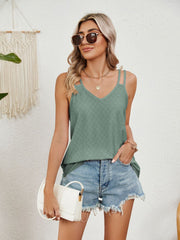 Sage eyelet overlay V-neck tank top with double straps.