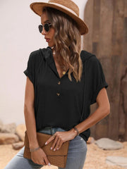 Black relaxed fit short sleeve henley hoodie with rolled cuffs and button detail