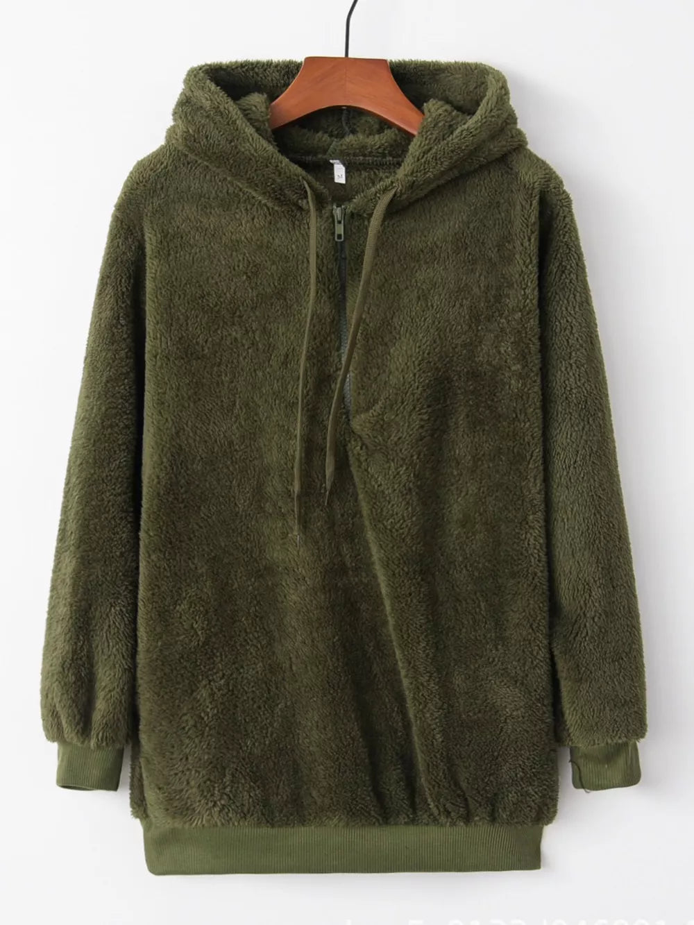 Cozy army green half-zip fleece hoodie with drawstring and ribbed cuffs.