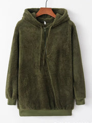 Cozy army green half-zip fleece hoodie with drawstring and ribbed cuffs.