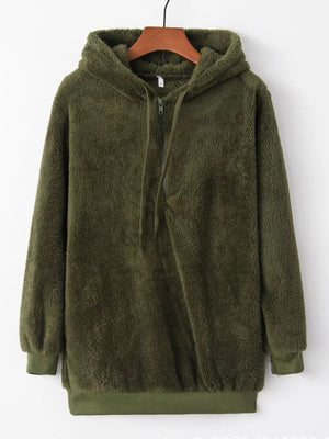 Cozy army green half-zip fleece hoodie with drawstring and ribbed cuffs.
