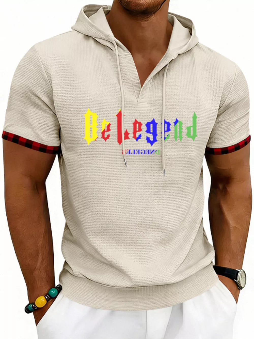 Men's Full Size Letter Graphic Short Sleeve Hooded Top in Royal Blue, fabric detail