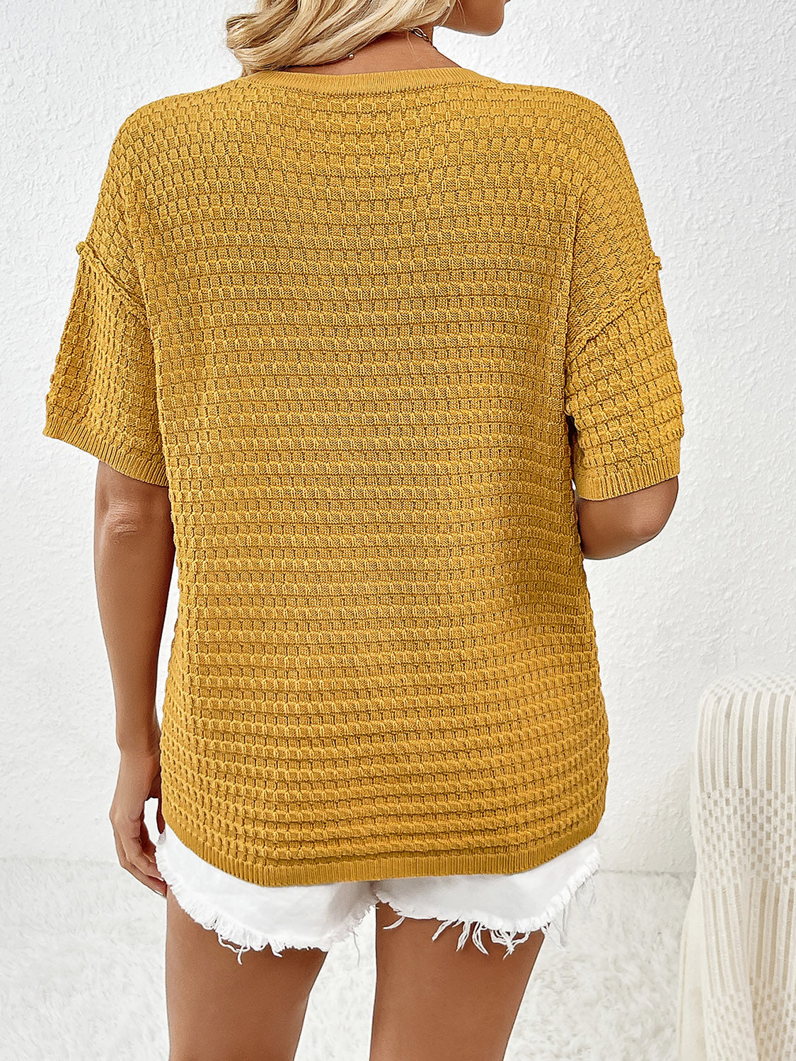 Textured knit t-shirt in chartreuse with short sleeves and boxy silhouette.
