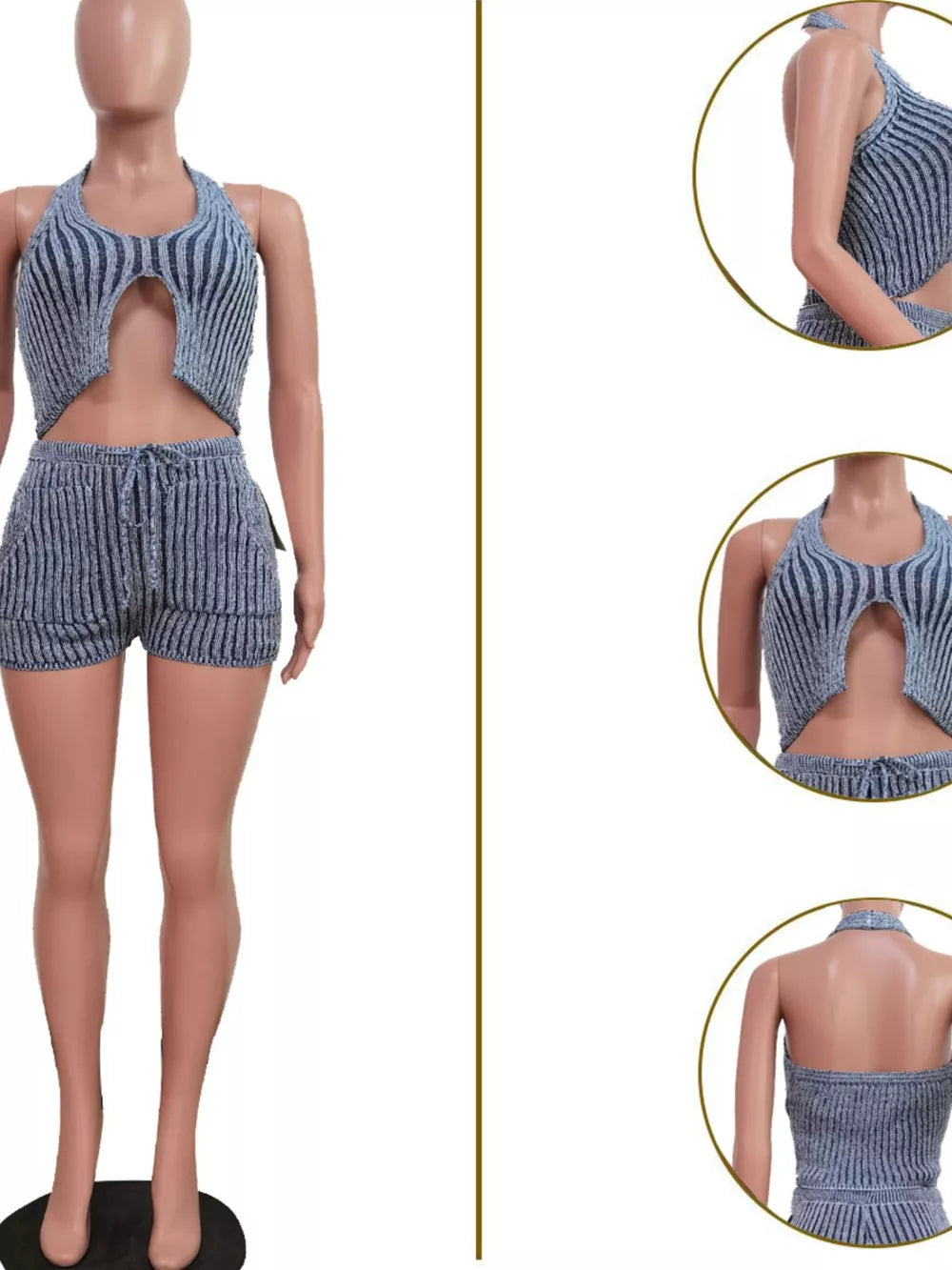 Blue striped halter top with cut-out and matching drawstring shorts.