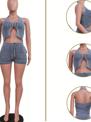Blue striped halter top with cut-out and matching drawstring shorts.