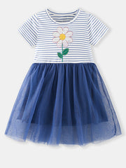 Toddler blue tulle dress with striped top and sequin flower applique.