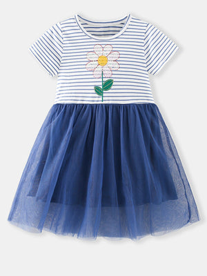 Toddler blue tulle dress with striped top and sequin flower applique.