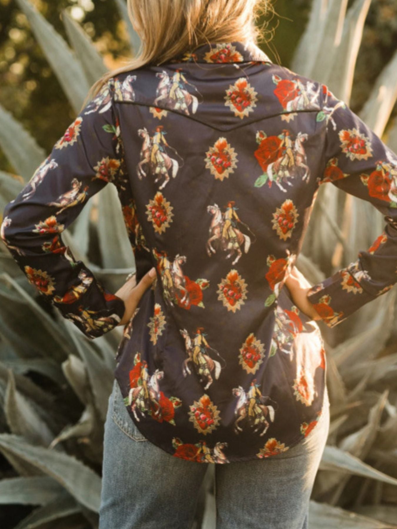 Black long sleeve maternity shirt with rodeo print and button-down front.