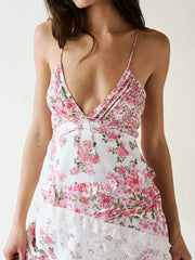 Floral lace maxi dress with a deep V-neck and ruffled tiers.