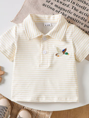 Light Yellow striped cotton polo shirt for baby with embroidered duck detail.