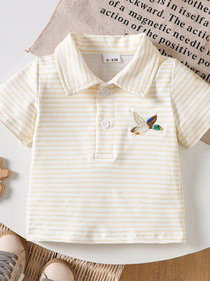 Light Yellow striped cotton polo shirt for baby with embroidered duck detail.