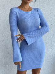 Blue ribbed knit dress with long bell sleeves and a scoop neckline.