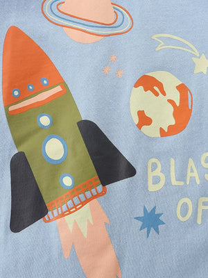 Light blue cotton crew neck t-shirt with a green and orange rocket graphic and space elements.