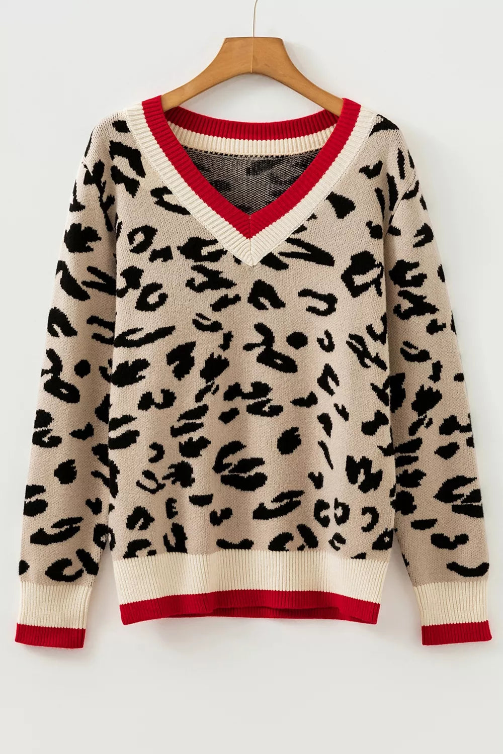 Leopard Pattern V-neck Ribbed Sweater in Leopard, back view